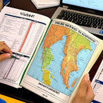 **Pre-departure Preparation:**
    "A person meticulously checking their passport, visa, and a detailed checklist on a desk. A badminton racket and shuttlecock are visible nearby, along with a world map or travel guides, emphasizing thorough preparation for an international badminton tournament. The setting is well-lit and organized, conveying a sense of readiness and anticipation."