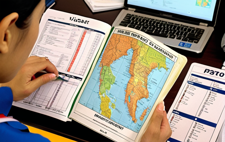 **Pre-departure Preparation:**
    "A person meticulously checking their passport, visa, and a detailed checklist on a desk. A badminton racket and shuttlecock are visible nearby, along with a world map or travel guides, emphasizing thorough preparation for an international badminton tournament. The setting is well-lit and organized, conveying a sense of readiness and anticipation."